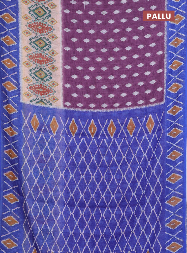 Semi linen saree wine shade and blue with allover ikat butta prints and printed border