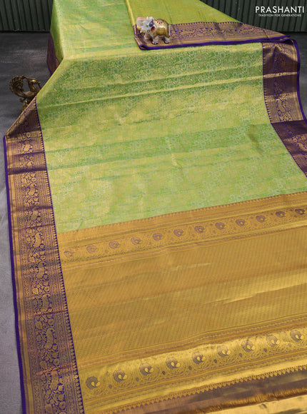 Kanchipuram tissue silk saree light green and blue with allover zari woven brocade weaves and zari woven border