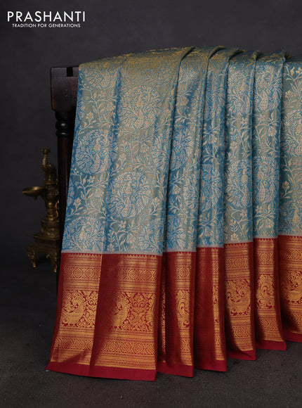 Kanchipuram tissue silk saree cs blue and maroon with allover zari woven brocade weaves and zari woven border