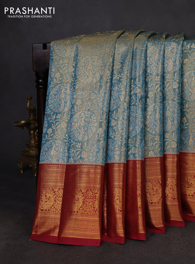 Kanchipuram tissue silk saree cs blue and maroon with allover zari woven brocade weaves and zari woven border