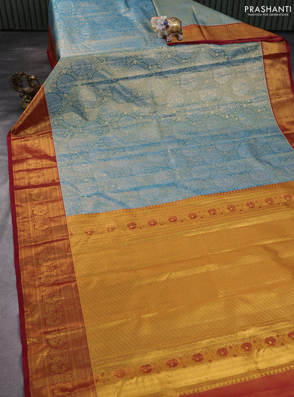 Kanchipuram tissue silk saree cs blue and maroon with allover zari woven brocade weaves and zari woven border