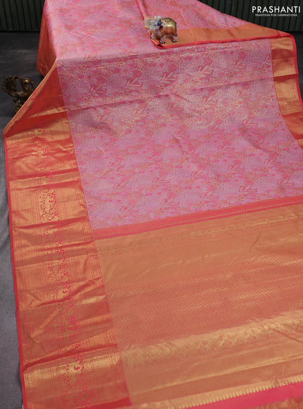 Kanchipuram silk saree light pink and peach orange with allover zari woven brocade weaves and zari woven border
