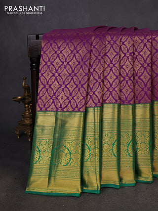 Kanchipuram silk saree purple and green with allover zari woven brocade weaves and zari woven border