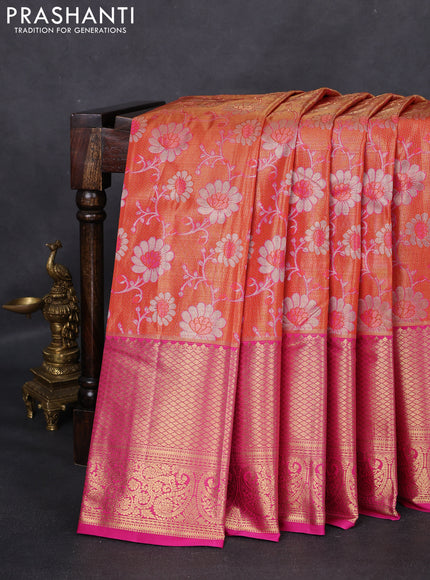 Kanchipuram silk saree pinkish orange and pink with allover zari woven brocade weaves and zari woven border