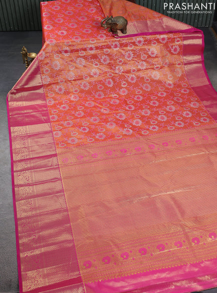 Kanchipuram silk saree pinkish orange and pink with allover zari woven brocade weaves and zari woven border