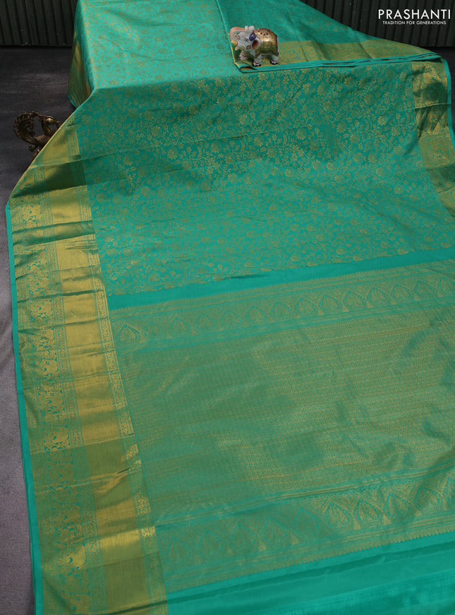 Kanchipuram silk saree teal green with allover zari woven brocade weaves and zari woven border