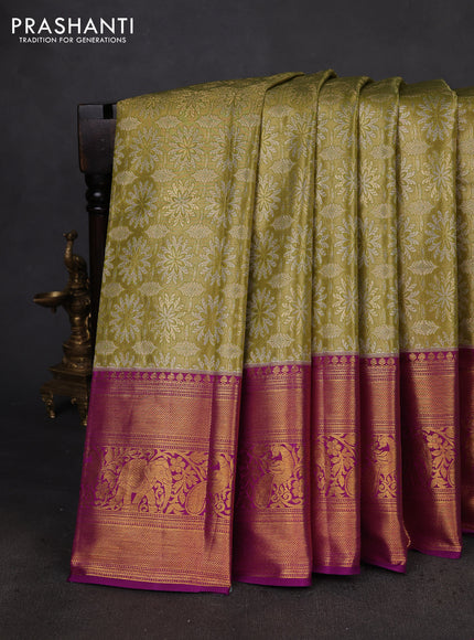 Kanchipuram tissue silk saree mehendi green and purple with allover zari woven brocade weaves and zari woven border