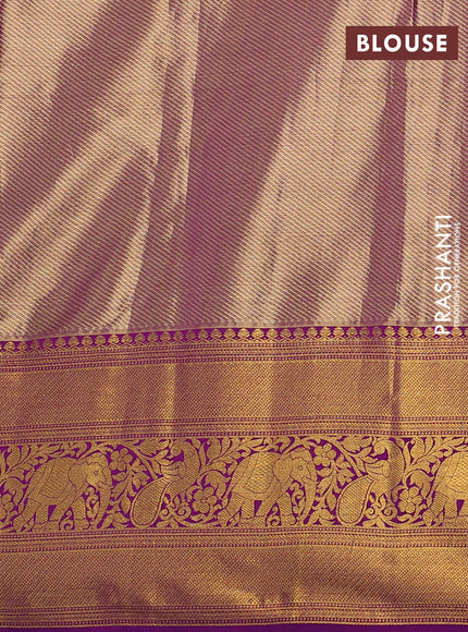 Kanchipuram tissue silk saree mehendi green and purple with allover zari woven brocade weaves and zari woven border