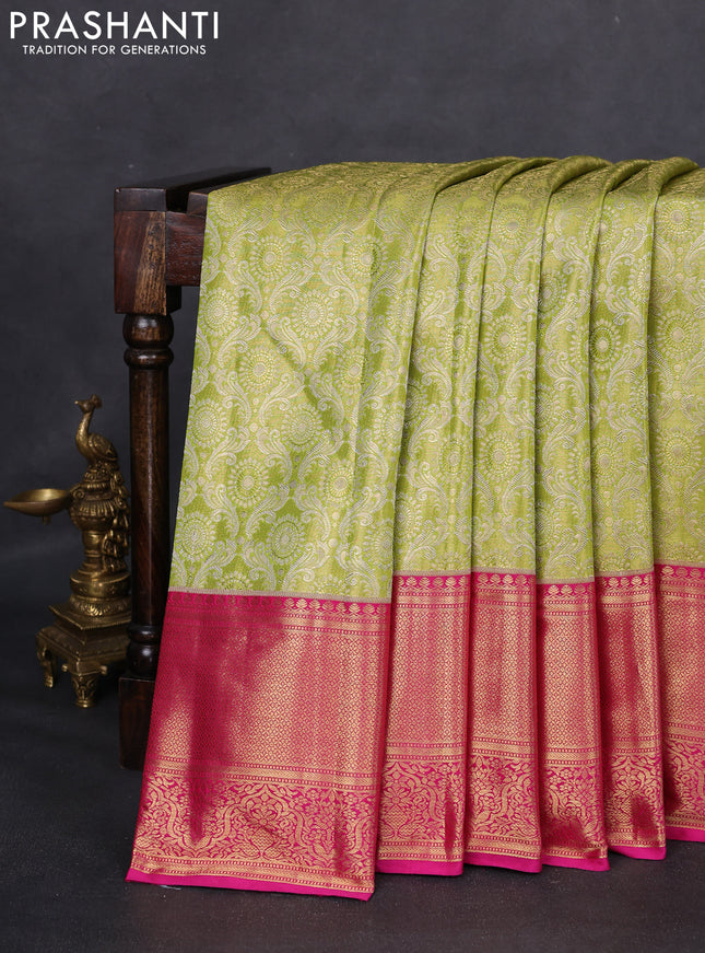 Kanchipuram tissue silk saree lime green and pink with allover zari woven brocade weaves and zari woven border