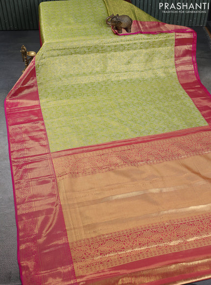 Kanchipuram tissue silk saree lime green and pink with allover zari woven brocade weaves and zari woven border