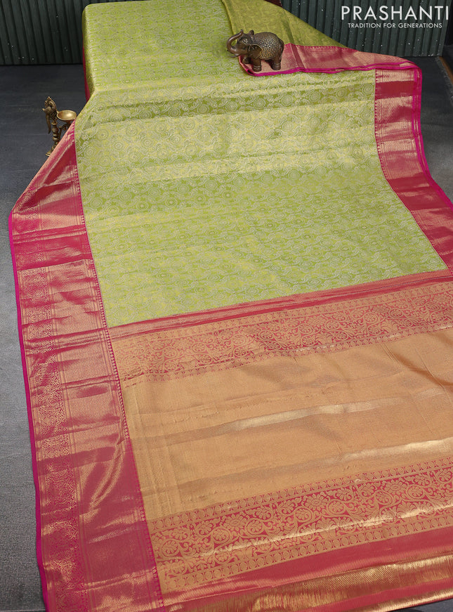 Kanchipuram tissue silk saree lime green and pink with allover zari woven brocade weaves and zari woven border
