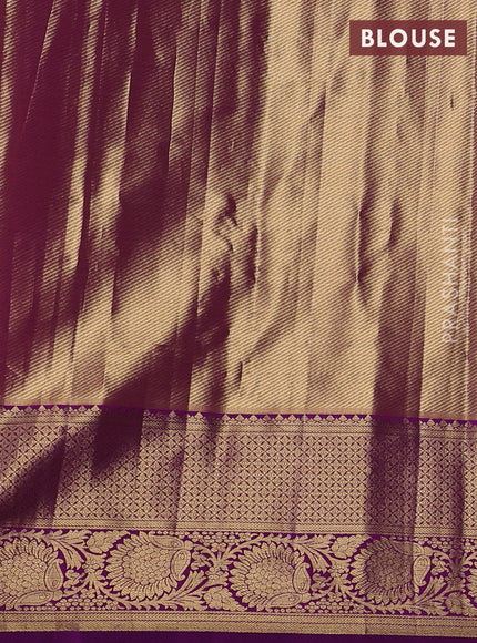 Kanchipuram tissue silk saree yellow and purple with allover zari woven brocade weaves and zari woven border