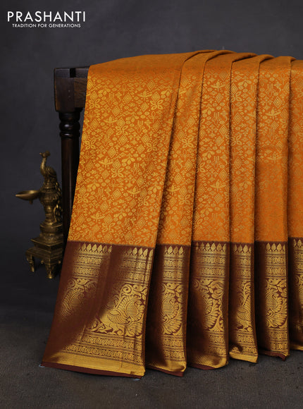 Kanchipuram silk saree rustic orange and deep maroon with allover zari woven brocade weaves and zari woven border
