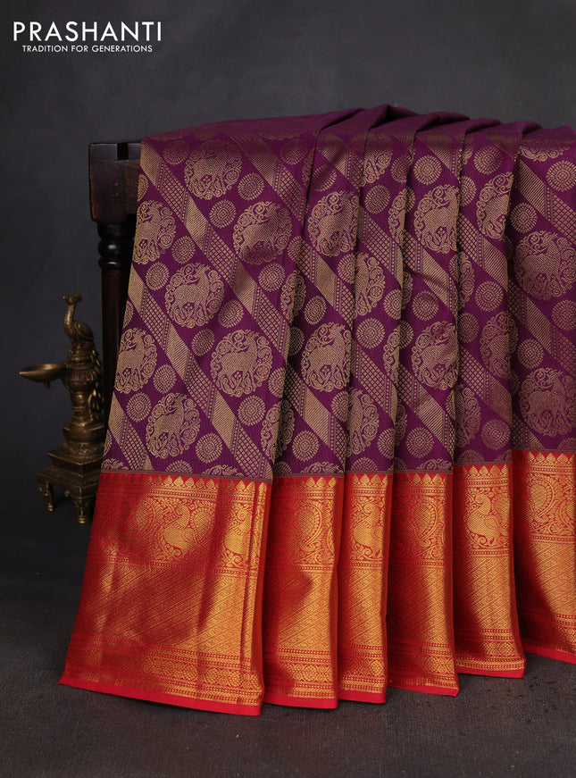 Kanchipuram silk saree purple and red with allover zari woven brocade weaves and zari woven border