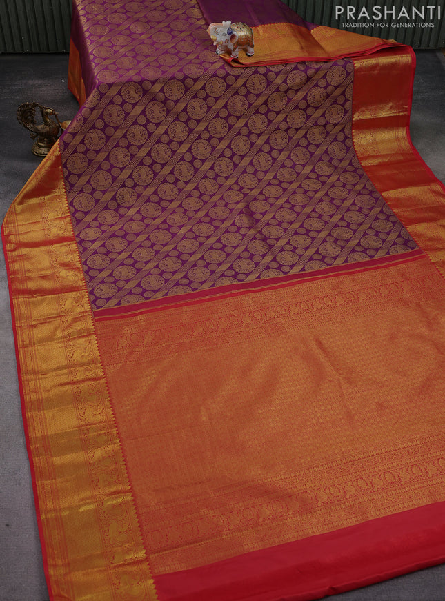 Kanchipuram silk saree purple and red with allover zari woven brocade weaves and zari woven border