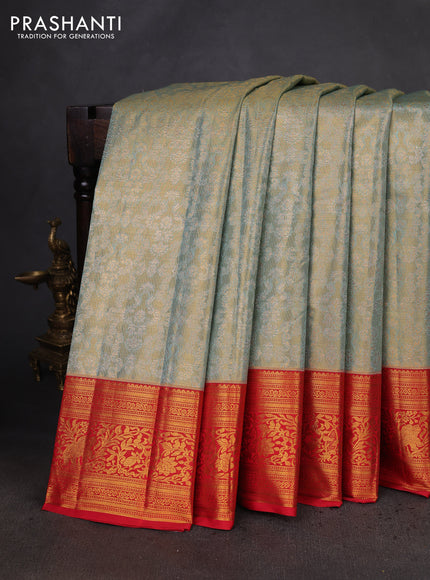 Kanchipuram tissue silk saree pastel blue and red with allover zari woven brocade weaves and zari woven border