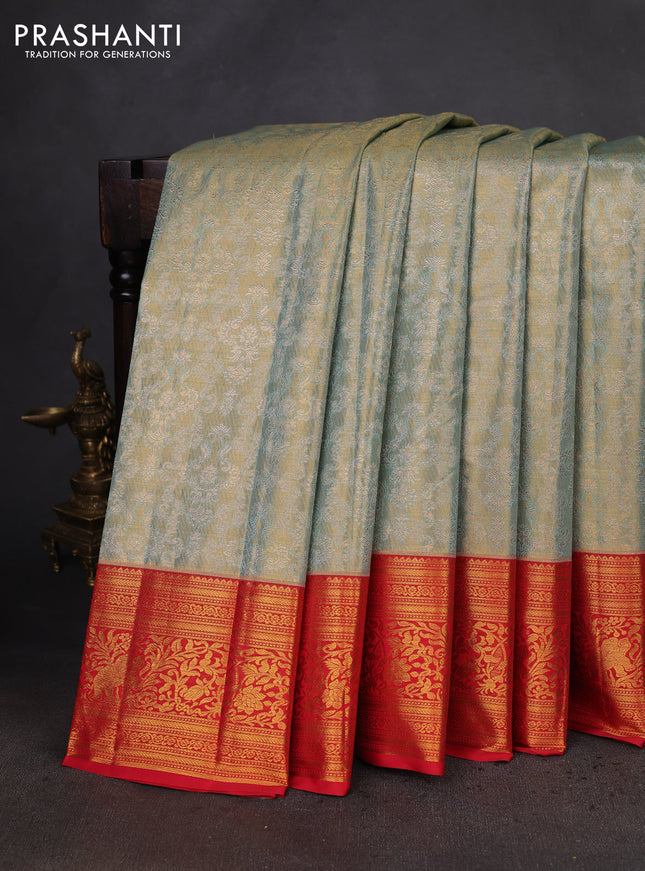 Kanchipuram tissue silk saree pastel blue and red with allover zari woven brocade weaves and zari woven border
