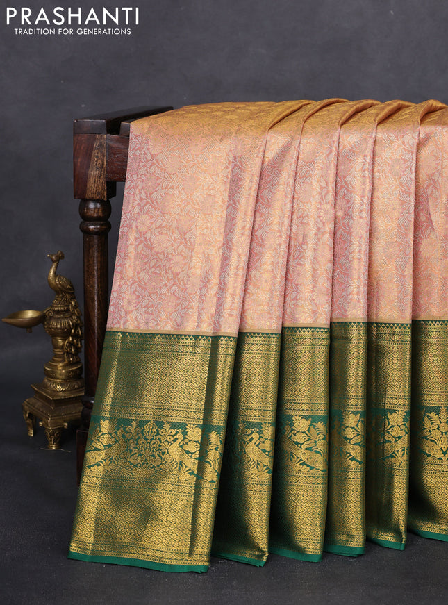 Kanchipuram tissue silk saree peach and green with allover zari woven brocade weaves and long zari woven border