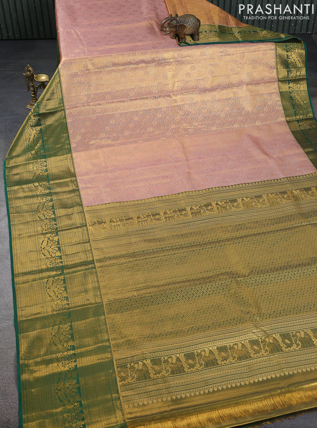 Kanchipuram tissue silk saree peach and green with allover zari woven brocade weaves and long zari woven border