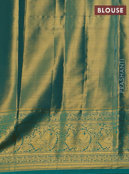 Kanchipuram tissue silk saree teal green with allover zari woven brocade weaves and zari woven border
