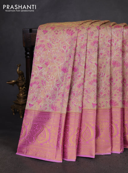 Kanchipuram tissue silk saree beige and pink with allover zari woven brocade weaves and zari woven border