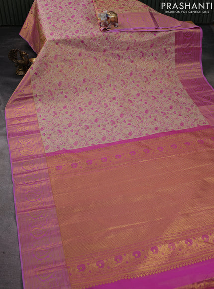 Kanchipuram tissue silk saree beige and pink with allover zari woven brocade weaves and zari woven border