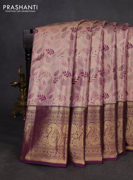 Kanchipuram tissue silk saree pastel pink and purple with allover zari woven brocade weaves and zari woven border