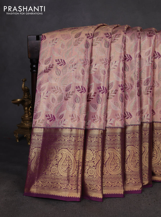 Kanchipuram tissue silk saree pastel pink and purple with allover zari woven brocade weaves and zari woven border