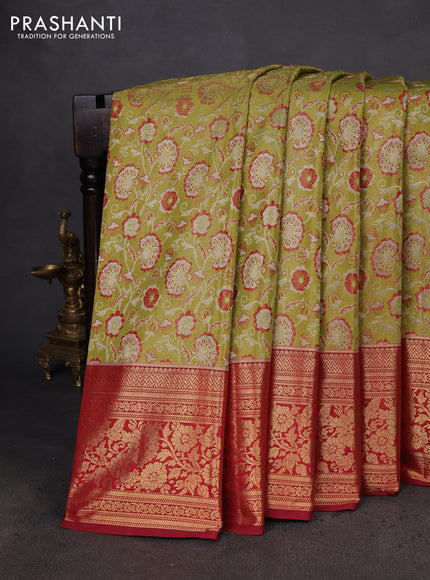 Kanchipuram silk saree light green and pink with allover zari woven brocade weaves and zari woven border