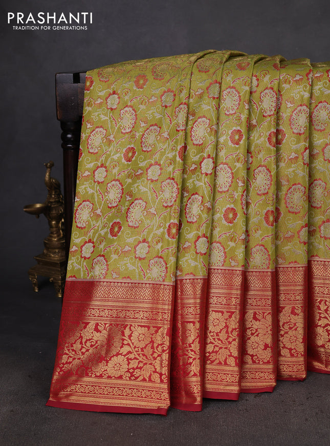 Kanchipuram silk saree light green and pink with allover zari woven brocade weaves and zari woven border
