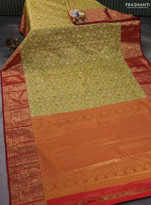 Kanchipuram silk saree light green and pink with allover zari woven brocade weaves and zari woven border