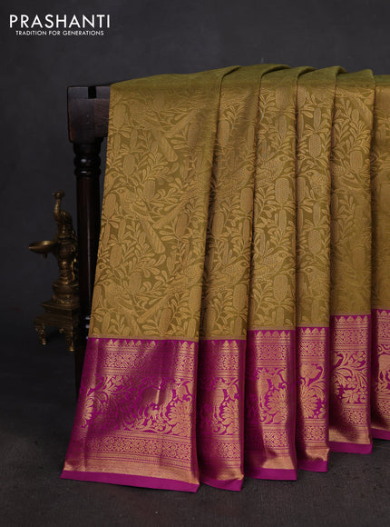 Kanchipuram silk saree mehendi green and pink with allover zari woven brocade weaves and zari woven border