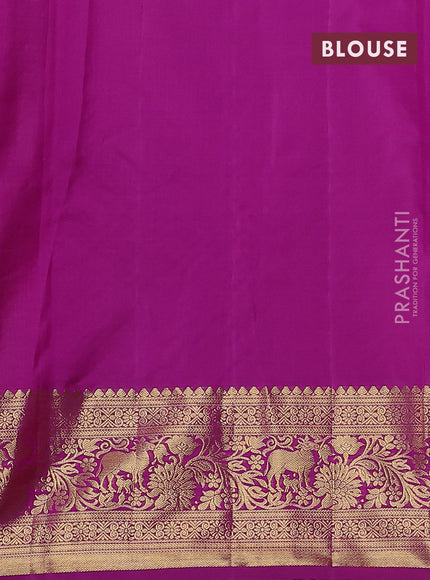 Kanchipuram silk saree mehendi green and pink with allover zari woven brocade weaves and zari woven border