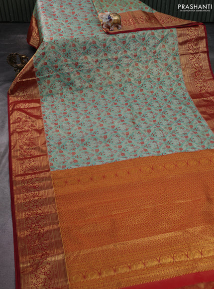 Kanchipuram tissue silk saree teal gren and maroon with allover zari woven brocade weaves and zari woven border