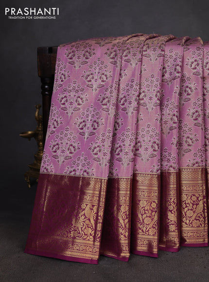 Kanchipuram tissue silk saree lavender and purple with allover zari woven brocade weaves and zari woven border