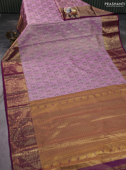 Kanchipuram tissue silk saree lavender and purple with allover zari woven brocade weaves and zari woven border