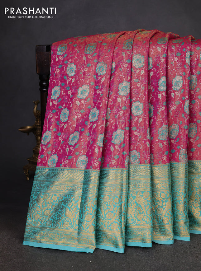 Kanchipuram tissue silk saree pink and teal blue with allover zari woven brocade weaves and zari woven border