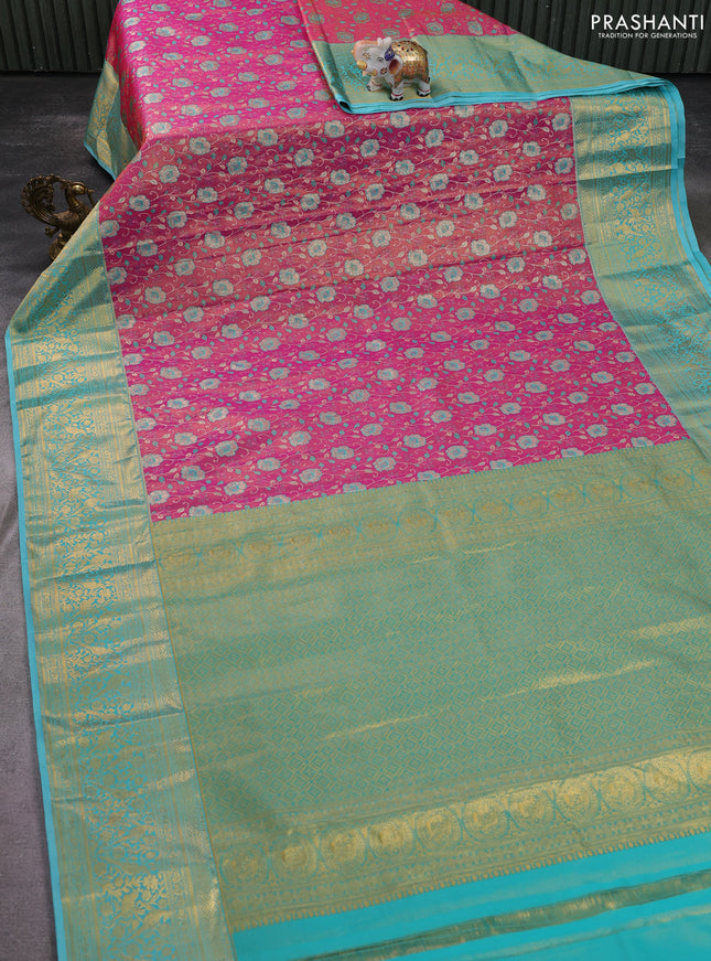 Kanchipuram tissue silk saree pink and teal blue with allover zari woven brocade weaves and zari woven border