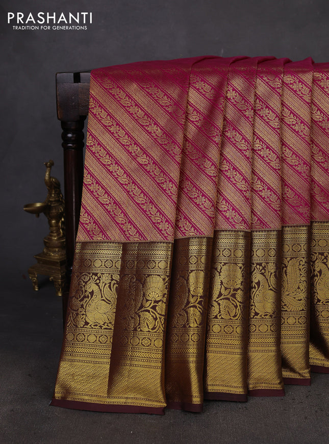 Kanchipuram silk saree pink and coffee brown with allover zari woven brocade weaves and long zari woven border
