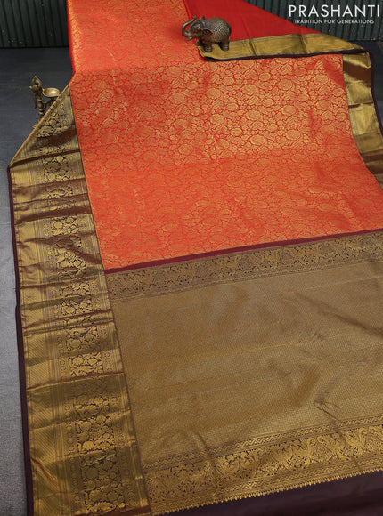 Kanchipuram silk saree red and coffee brown with allover zari woven brocade weaves and long zari woven border