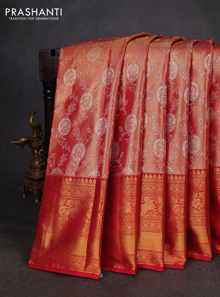 Kanchipuram silk saree red shade with allover zari woven brocade weaves and long zari woven border