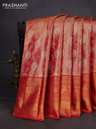Kanchipuram silk saree red shade with allover zari woven brocade weaves and long zari woven border