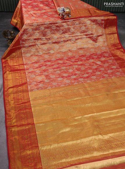 Kanchipuram silk saree red shade with allover zari woven brocade weaves and long zari woven border