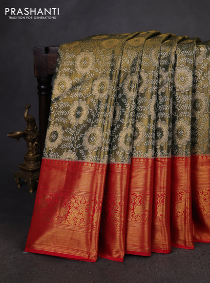 Kanchipuram tissue silk saree sap green and red with allover zari woven brocade weaves and long zari woven border