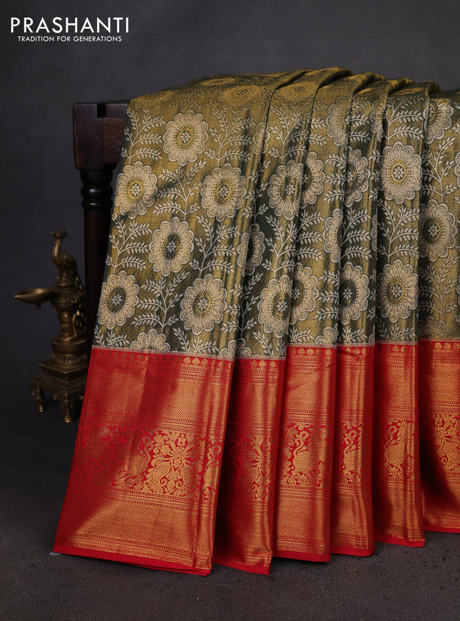Kanchipuram tissue silk saree sap green and red with allover zari woven brocade weaves and long zari woven border