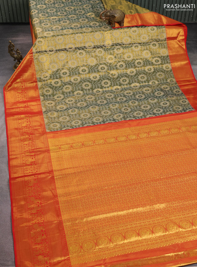 Kanchipuram tissue silk saree sap green and red with allover zari woven brocade weaves and long zari woven border