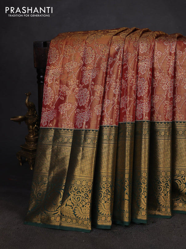Kanchipuram tissue silk saree maroon and green with allover zari woven brocade weaves and long zari woven border