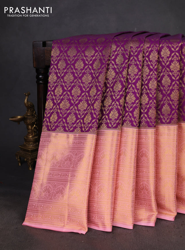Kanchipuram silk saree purple and peach pink with allover zari woven brocade weaves and long zari woven border