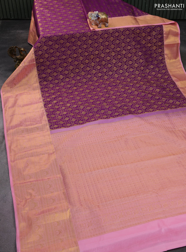 Kanchipuram silk saree purple and peach pink with allover zari woven brocade weaves and long zari woven border