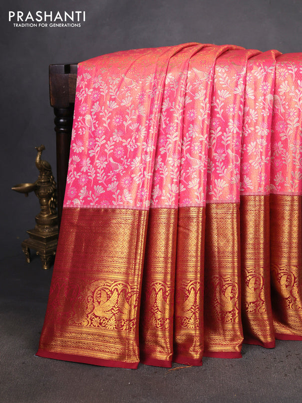 Kanchipuram tissue silk saree peach pink and maroon with allover zari woven brocade weaves and long zari woven border